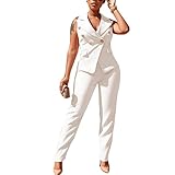 Dmoled Women's Business Blazer Suit Ruffles Sleeveless Two Piece Solid Work Pant Suit Business Office Lady Suits Sets White