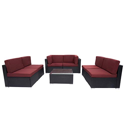 Kinsunny 7 PCs Outdoor Patio Sectional Set Black Rattan Wicker Furniture Sofa Set Conversation Chairs Thick Cushions with Pillows and Tea Table