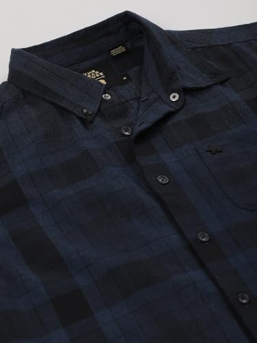 Image of Men Navy Blue Checked Slim Fit Cotton Casual Shirt