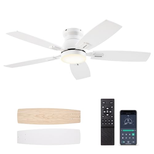 Image of SUNMORY 42" Ceiling Fans with Lights and Remote/APP Control, Low Profile Ceiling Fan with Light, Reversible, Quiet 6 Speeds, Dimmable, Flush Mount Ceiling fan for Bedroom Indoor/Outdoor Use White