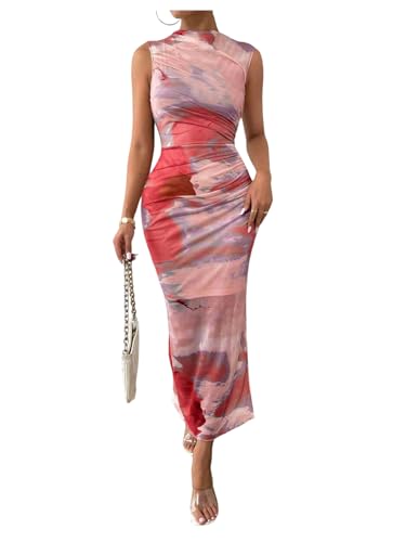 Image of Milumia Women's Printed Mock Neck Bodycon Maxi Dress Sleeveless Mesh Long Dress Party Cocktail