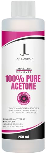 JAN LONDON 100% Pure Acetone Nail Polish Remover for UV/LED Gel Acrylic Nails and Nail Varnish Soak Off Professional Strength Fast-Acting Formula 250ml