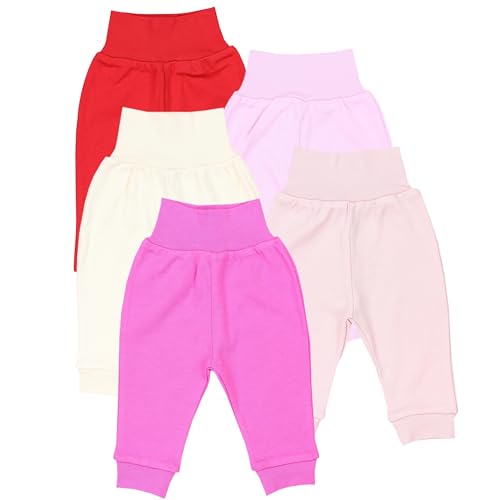 TupTam Pantalones Bebé 5 Unidades – Pantalón Algodón Suave para Bebé Niño y Niña, Certificación Oeko-Tex, Niñas Rojo Rosa Beige, 92