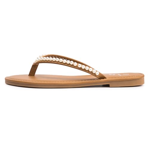 Image of LM Women's Pearls Strappy Flat Sandals Thong Sandals Flip Flop Slip On Slide Sandals for Women Dressy Summer