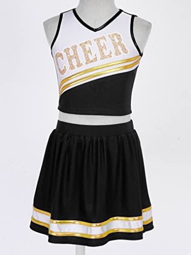 Oyolan Kids Girls 2 Piece Cheer Leader Uniform Outfits Cheerleading Halloween Costume Tank Top With Pleated Skirt Black 8 Years #TOP2
