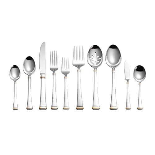 Image of Mikasa Harmony 65-Piece Flatware Set for 12, 18 /10 Stainless Steel Silverware with Gold Accent Handles, Service for 12 with Serving Utensils, Dishwasher Safe