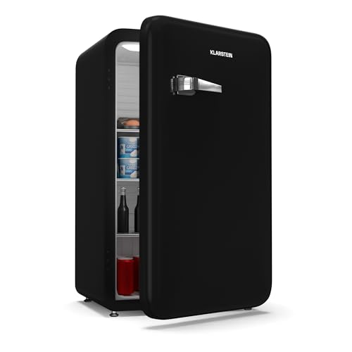 Klarstein Audrey Evo 90L Mininevera Retro - Silenciosa 40 dB, Termostato Ajustable, Puerta Reversible, Nevera Pequeña para Habitaciones, Oficinas, Negro