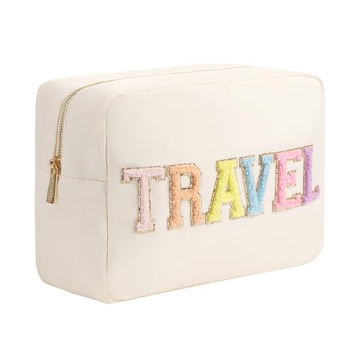 YogoRun Travel Essentials Extra Large Glitter Chenille Makeup Bag Nylon Cosmetic Pouch Toiletry Bags for Traveling Women(XL, Beige-Travel)