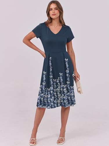 Image of ANRABESS Women Summer Dress Casual Short Sleeve V Neck A-Line Knee Length Pleated Flowy 2026 Fashion Midi Dresses with Pocket