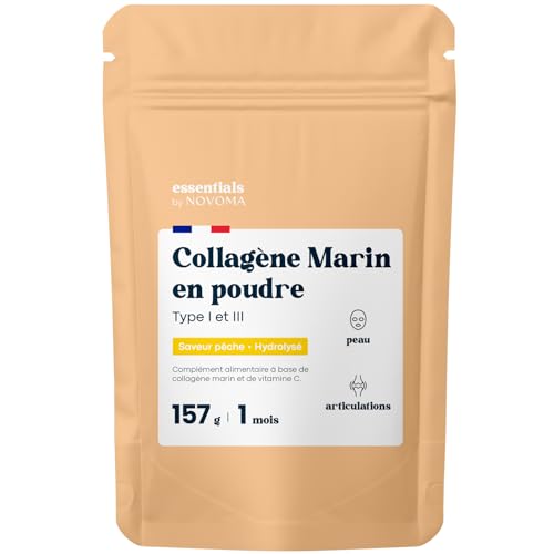 Collagene Marin Poudre Type 1 et 3, Saveur Pêche, Peptides Hydrolysés 2000 DA, Peau Hydratée & Articulations Souples, Sachet 157g, 5g par jour, Cure de 30 jours, Essentials by Novoma Collagene Marin Poudre Type 1 et 3, Saveur Pêche, Peptides Hydrolysés 2000 DA, Peau Hydratée & Articulations Souples, Sachet 157g, 5g par jour, Cure de 30 jours, Essentials by Novoma