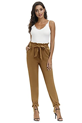 Women s Paperbag Pants Cropped Pants with Pocket Casual Trousers Waist Self-tie Belted Pants Brown