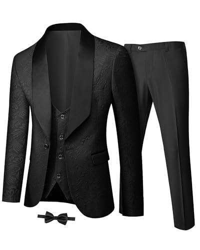 YND Men's 3 Piece Luxury Tuxedo Set, Jacquard Slim Fit Shawl Lapel Jacket Vest & Pants with Bow Tie, Premium Tuxedo for Men