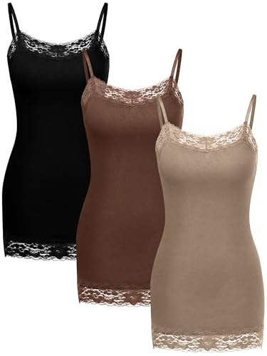 SATINIOR 3 Pcs Women Long Camisoles Lace Tank Tops Neck Cami Adjustable Spaghetti Strap Trim Tank Top for Women Wearing (Black,Brown,Coffee,L)