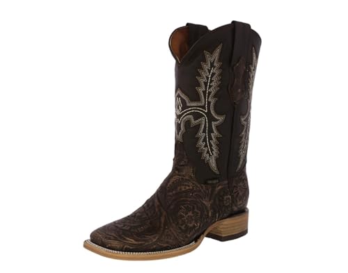 Texas Legacy Mens Brown Cowboy Boots Hand Tooled Leather Floral Square Toe