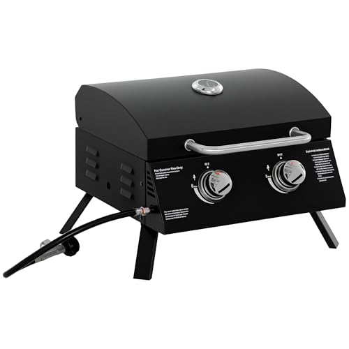 Outsunny 2 Burner Gas BBQ Grill 5.8 kW Outdoor Portable Folding Tabletop Barbecue w/Lid Thermometer Carbon Steel Black