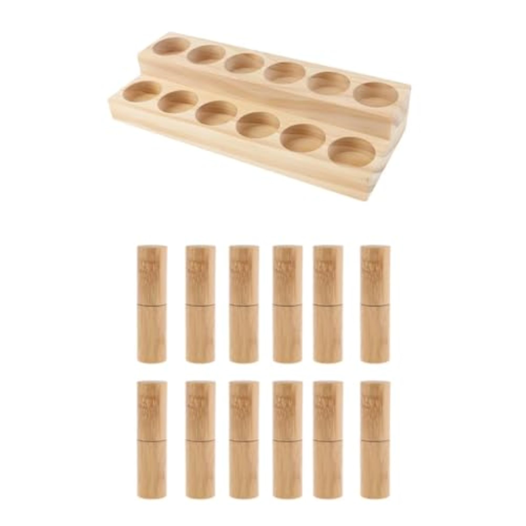 Wood Essential Oil Display Stand with 12 Roller Ball Refillable Bottles