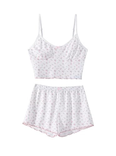Image of Hilinker Womens Graphic Print Ribbed PJ Set Crop Cami Tops and Shorts Cute Pajamas Set