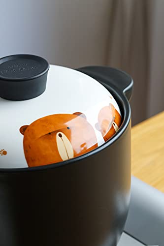 Lotus Blue 5-Quart Cartoon Pattern Ceramic Round Black Dish Casserole/Clay Pot/Earthen Pot/Ceramic Cookware With White Lid Heat-Resistant Gift Box (Brown Bear) #TOP5