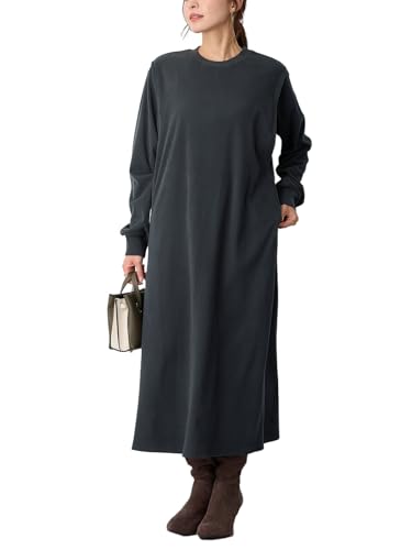 [ANGELIEBE エンジェリーベ] マタニティ ワンピース 授乳服 ストレッチ リブ Aライン 長袖 産前 産後 ポケット付き M チャコール ロング丈