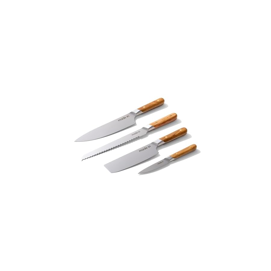 Made-In-Cookware-4-Piece-Knife-Set-with-Knife-Block-Includes-Chef-Knife-Bread-Knife-Paring-Knife-and-Nakiri-Knife-Full-Tang-With-Olive-Wood-Hand-Handle-Made-in-France Made In Cookware - 4 Piece Knife Set with Knife Block - Includes Chef Knife, Bread Knife, Paring Knife, and Nakiri Knife - Full Tang With Olive Wood Hand Handle - Made in France