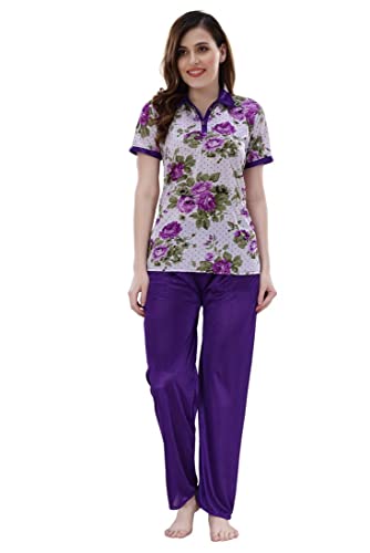 Image of Romaisa Women's Purple and White Night Suit Set for Women - Stylish Pajama Set Sleepwear Lounge Wear Comfortable Nightwear