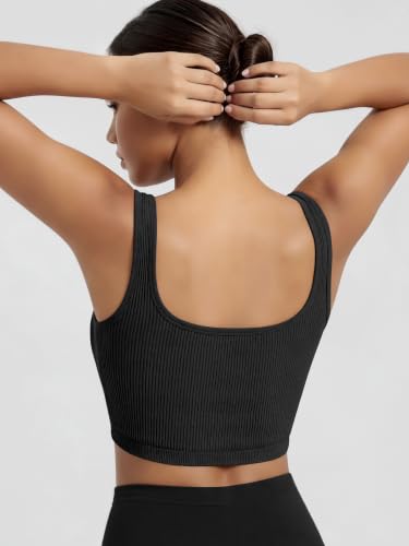 Image of ODODOS 3-Pack Seamless Square Neck Crop Tank for Women Ribbed Knit Soft Low Back Cropped Tops