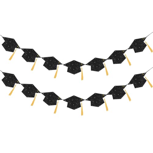 Graduation Decoration Banners 2025 Black Glitter Graduation Hats with Tassel Banners Garlands Class of 2025 Banners for College High School Graduate Party Decorations