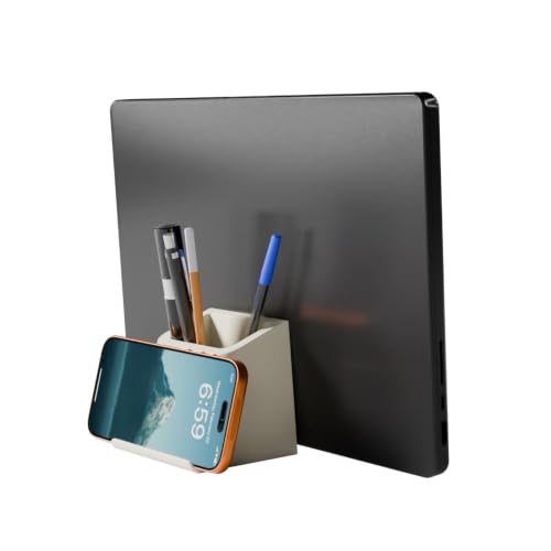 Image of eo 3-in-1 Pen Stand for Table, Phone & Vertical Laptop Holder EZ Desk Beige | Retractable laptop dock, phone stand and deep stationery storage in one compact, stable desk organiser for office or study
