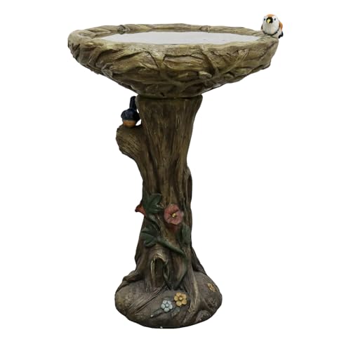 Image of SunJet 25.5 Inch Heigh Wood-Look Concrete Bird Bath with Decorative Faux Bird - birdbath Rustic & Long-Lasting Design, Enhances Garden, Patio, Yard, Lawn Decor