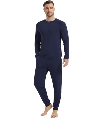 NACHILA Mens Pajamas Set Long Sleeve Henley Sleepwear Top Soft Jogger Pants Pajamas Cool Pjs Set,Viscose Made from Bamboo