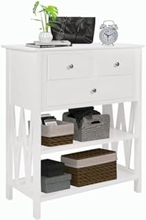 Mepplzian Console Table with 3 Drawers, Industrial Sofa Table, Entryway Table with 2-Tier Storage Shelves, Narrow Accent Table Wood Frame for Living Room/Entryway/Hallway, White