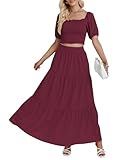 Picture of Rooscier Women's 2 Piece Outfit Polka Dots Shirred Crop Top Beach Maxi Skirt Set Wine Red Small