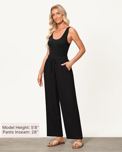 GRAPENT Linen Pants for Women Wide Leg High Waisted Baggy Drawstring Elastic Waist Palazzo Trousers Pants with Pockets4