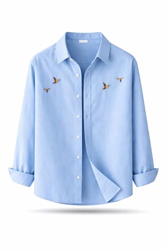 Image of Men's Cotton Blend Casual Wear with Bird Embroidery | Regular Fit Full Sleeve Button Down | Lightweight Summer Style for Daily, Office & Party