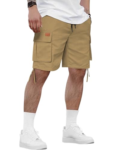 HMIYA Kurze Hosen Herren Cargo Shorts Sommer Freizeithose Baumwolle Cargohose Herren Kurz mit 6 Taschen(Khaki,EU-4XL)