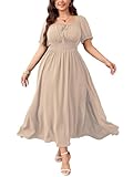 SHESTARR Women's Plus Size Maxi Dress Short Sleeve Smocked Square Neck Tie Front Split A-Line Flowy Long Dresses Beige