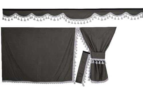 Ensemble de rideaux de camion gris avec pompons blancs pour cabine