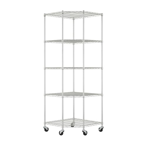 NEAT by TRINITY 5-Tier Adjustable Wire Shelving with Wheels Corner Wire Shelf Rack for Kitchen Organization Garage Storage 400 to 2000lb Capacity NSF Certified 27x27 x18x72 EcoStorage Chrome