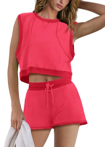 SENSERISE Womens Two Piece Workout Sets Matching Sweat Sets Summer Outfits Oversized Crop Tank Top and Shorts3