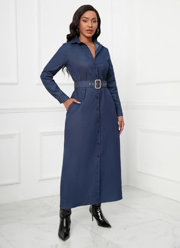 Denim Maxi Shirt Dress for Women Long Sleeve Button Down Belted Casual Dress Prom Dress with Pockets4