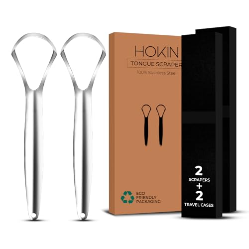 Image of HOKIN Tongue Scraper for Adults with Travel Cases (2Pcs Oral Care Pack) - 100% Metal Spoon Shaped Tongue Cleaners, Tough Scrapers for Oral Hygiene