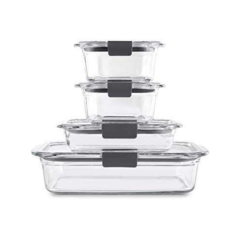 Rubbermaid 8-Piece Brilliance Glass Food Storage Containers with Lids for Lunch, Meal Prep, and Leftovers, Dishwasher and Oven Safe, Clear/Grey