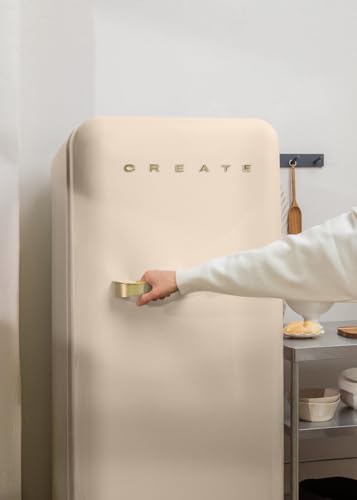 CREATE / RETRO FRIDGE 150 GOLD/Réfrigérateur sable avec poignée dorée et congélateur 281L / 102W, faible consommation, 150 cm, 3 étagères, régulateur de température, 60x60x150 cm