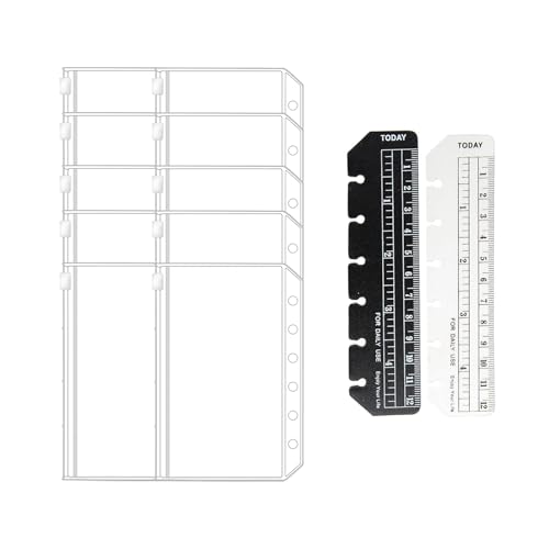 A7システム手帳 リフィル 6穴バインダー PVC ポケットセット, ファスナーポケット, クリアポケット10枚, 定規2枚付き, 多機能収納整理