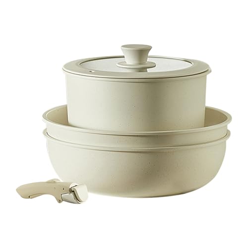 Juego de cacerolas seguras, batería de cocina inducción antiadherente crema mango desmontable antiadherente para sartenes freír, Po