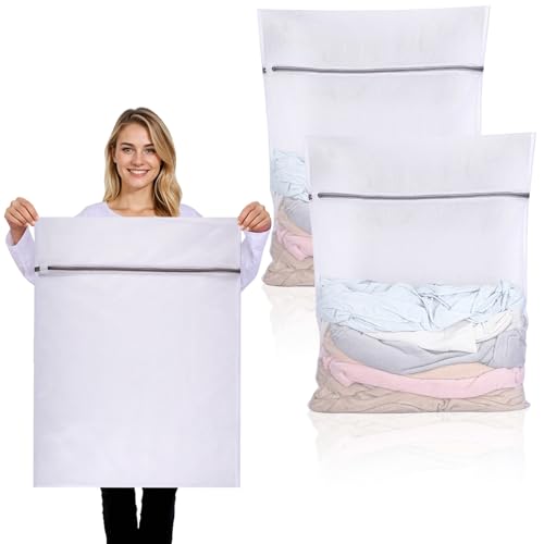 Dntorx 2 Stück Wäschenetz Groß 60 x 80 cm Wäschenetz für Waschmaschine Wäschesack Groß Wiederverwendbar Wäschesack Waschmaschine mit Reißverschluss für Hemden Pullover Mäntel Hosen (XXL Weiß)