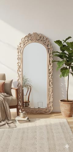 Image of Wooden Hand-Carved Mirror Frame, Full Length, Taj Look Design, Antique White, Wall Mounted, Without Mirror only frame For Bedroom Home Decor| Living Room | Wall Hanging size 24x48 inch