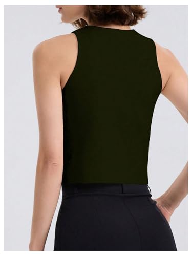 Image of SHENHE Women's Knit Vest Top Button Up Sleeveless Crew Neck Cropped Sweater Vest Tank Dark Green Medium