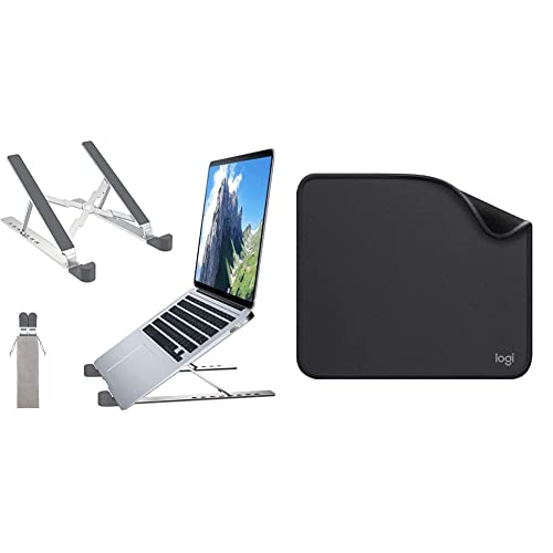 FINIBO Laptop Ständer, 8-Stufe Höhenverstellbarer Laptop Stand, Faltbarer Aluminium Laptop Halterung & Logitech Mouse Pad - Studio Series, Computer-Mauspad mit Anti-Rutsch-Gummiboden - Grau Cover