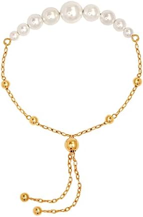 LeCalla Flaunt 14K Gold-Plated 925 Sterling Silver Simulated Pearl Adjustable Bolo Bracelet for Women Teen